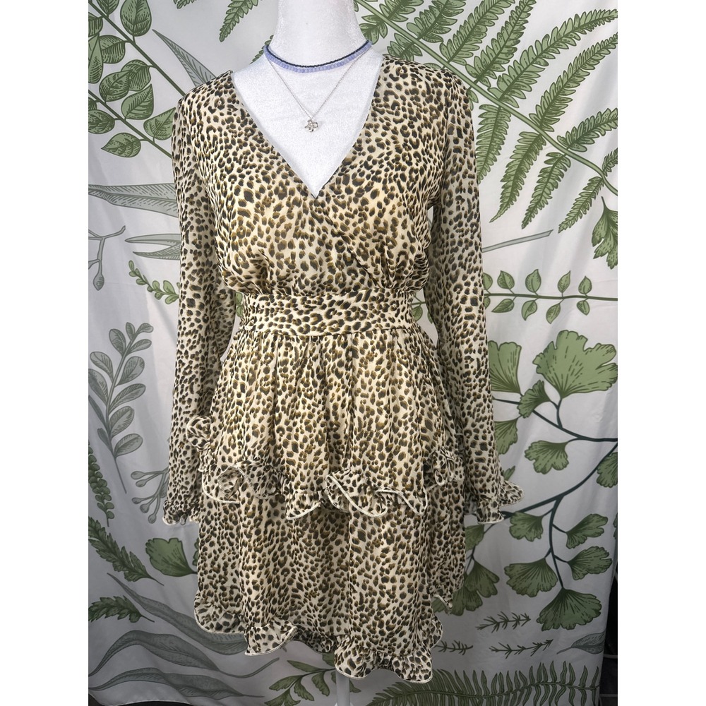 SAINTS SECRETS Leopard Print Ruffle V Neck‎ Wrap Mini Dress Women's S